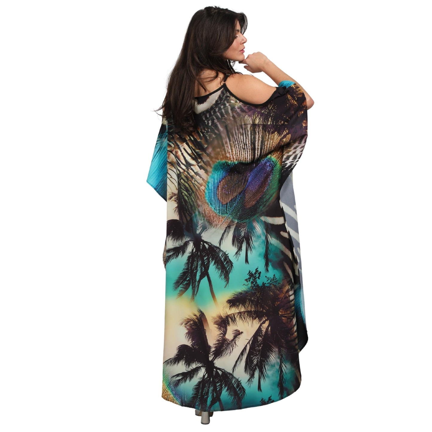 Kaftan vestido Longo de alça, ombro aberto Bixugrillo estampado coqueiro pavão