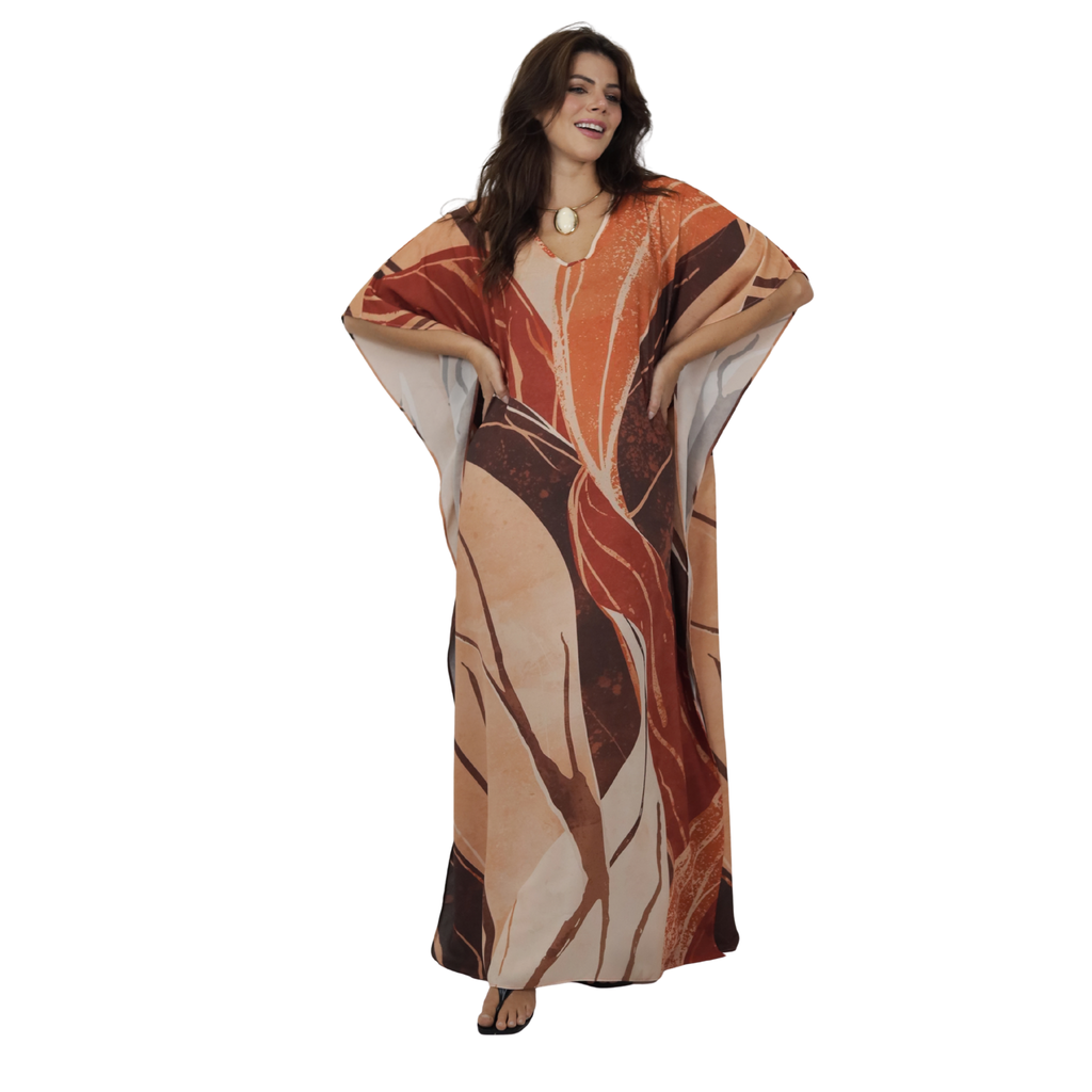Kaftan Longa Feminina em GGT Toque de Seda | Estampa Exclusiva BIX.G | Cânion Terracota