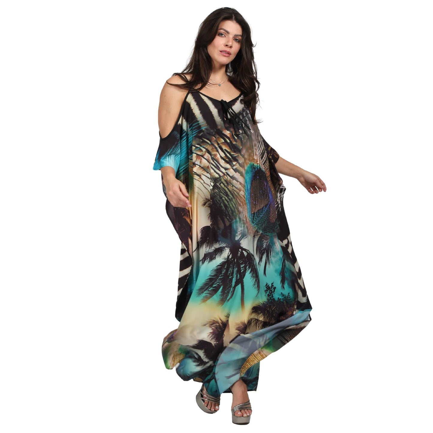 Kaftan vestido Longo de alça, ombro aberto Bixugrillo estampado coqueiro pavão