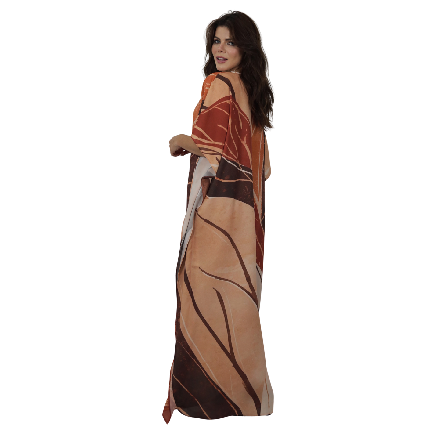 Kaftan Longa Feminina em GGT Toque de Seda | Estampa Exclusiva BIX.G | Cânion Terracota