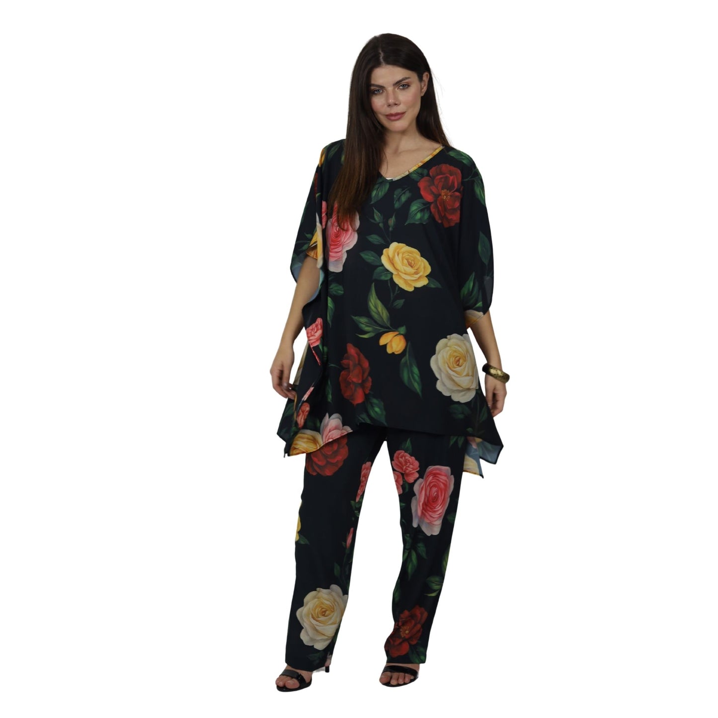Conjunto Blusa kaftan e Calça Reta BIXUGRILLO estampada Rosas Bloom