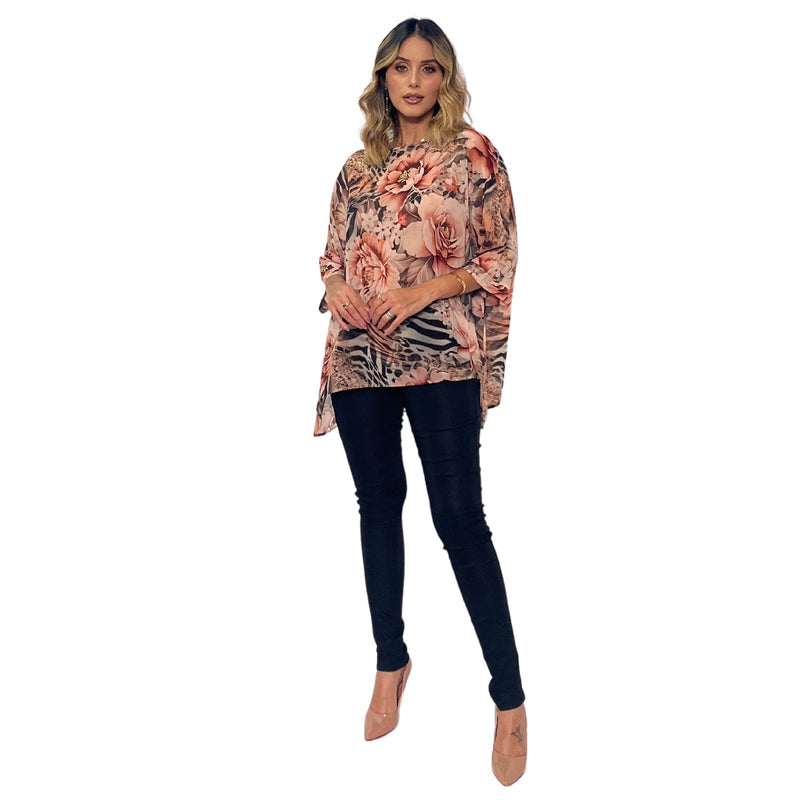 Blusa manga morcego estampada Rosa Felina