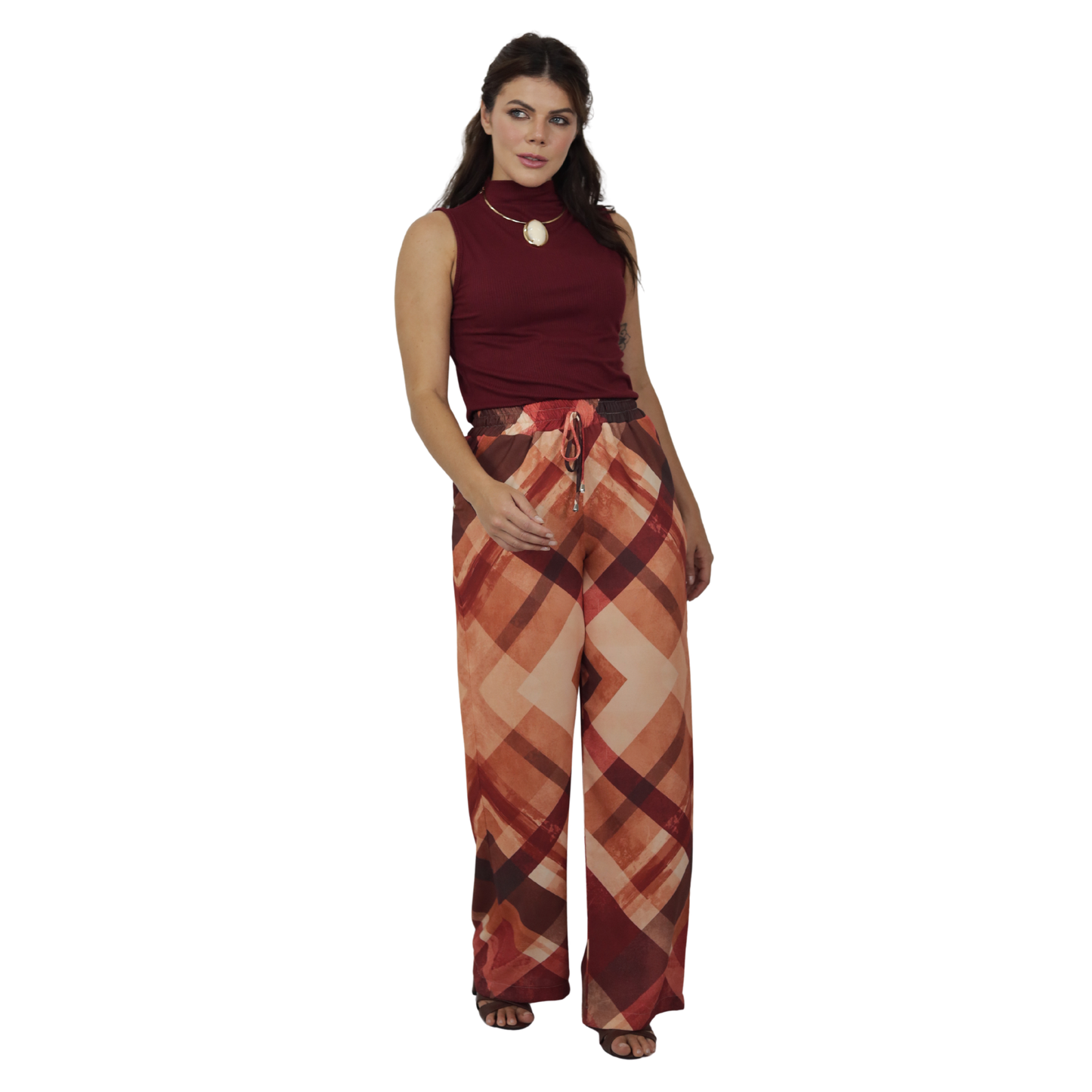 Calça pantalona BIXUGRILLO estampada Xadrez vermelho