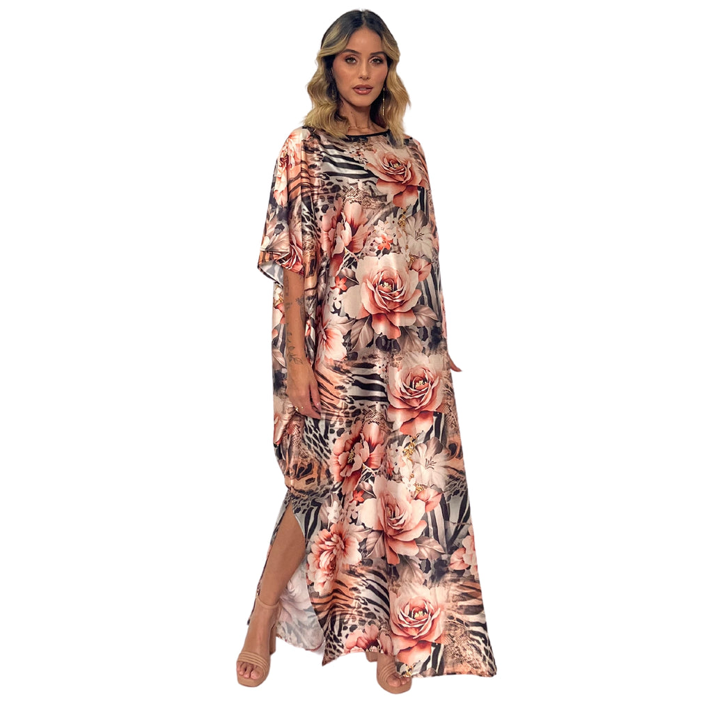 Kaftan vestido longa estampada Rosa felina