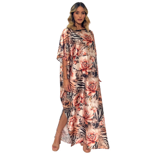 Kaftan vestido longa estampada Rosa felina