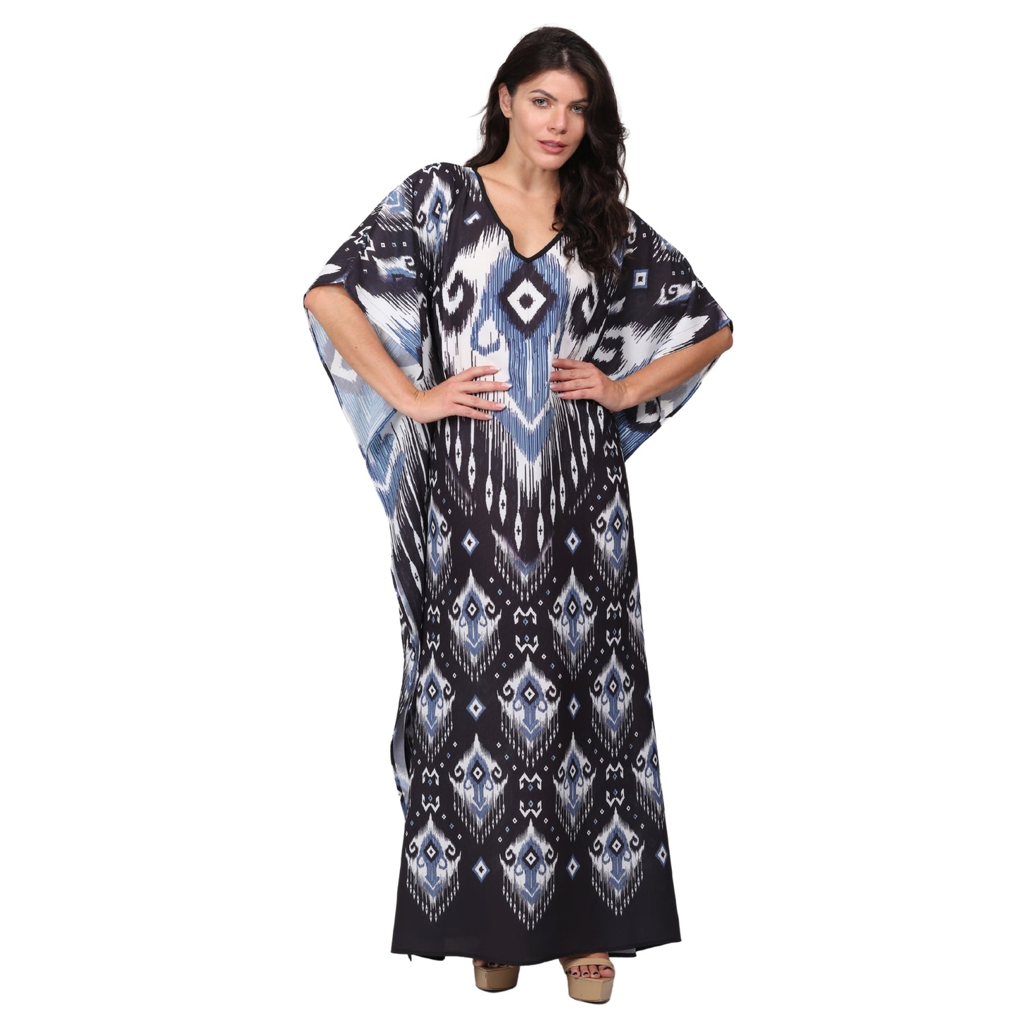 KAFTAN VESTIDO longa BIXUGRILLO estampada Tribal Azul e preto
