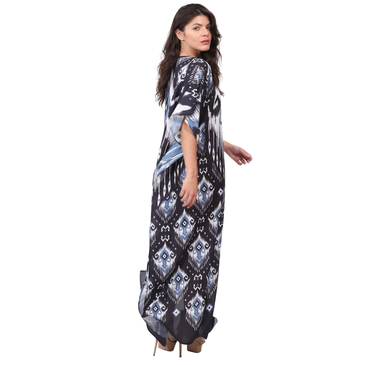 KAFTAN VESTIDO longa BIXUGRILLO estampada Tribal Azul e preto