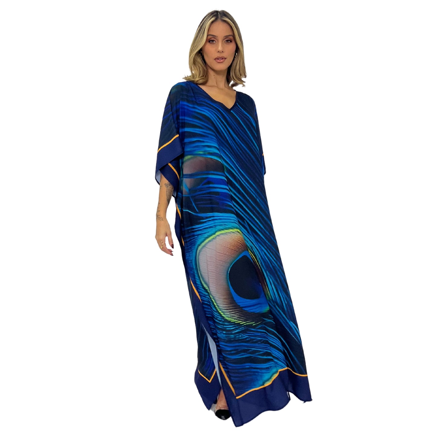 Kaftan Longa estampada Bixugrillo Penas de pavão