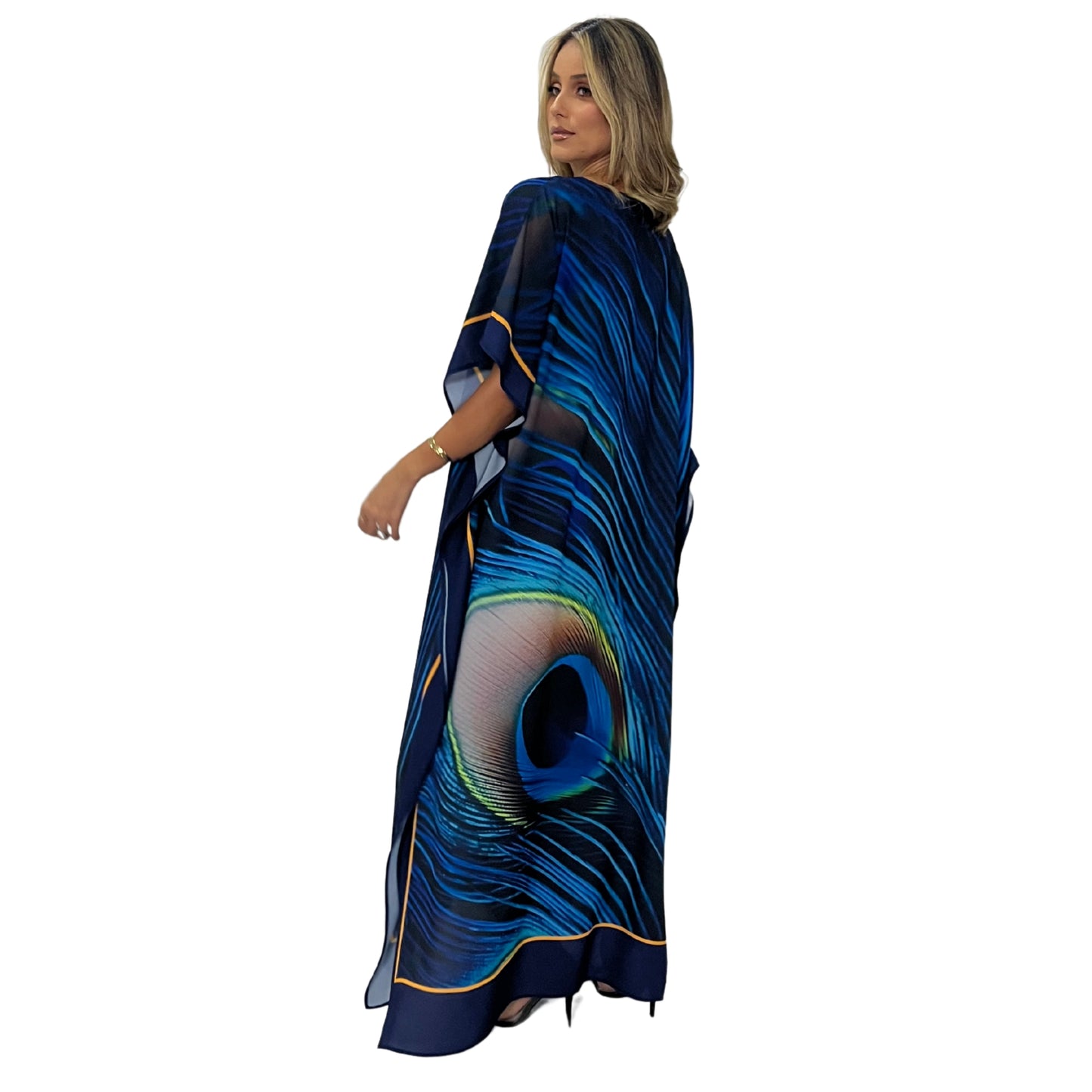 Kaftan Longa estampada Bixugrillo Penas de pavão