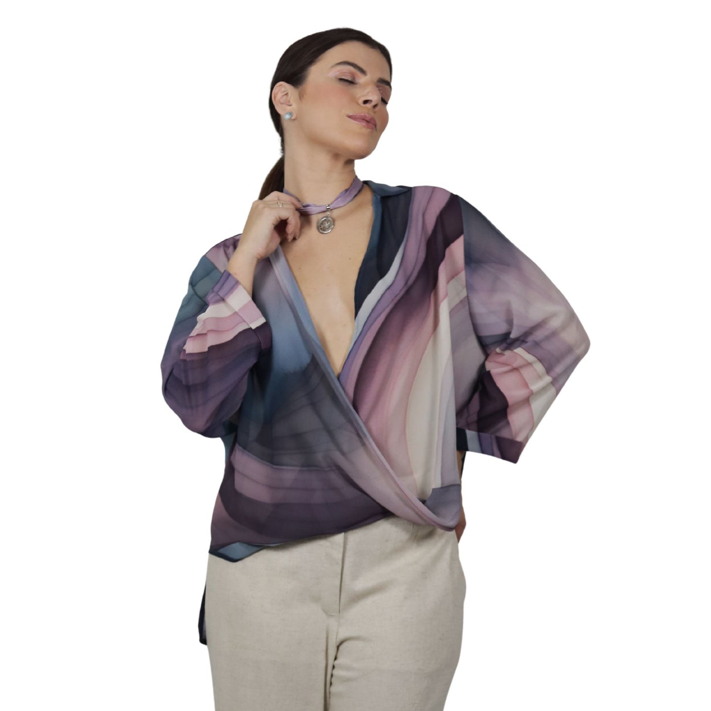 Blusa manga longa trespassada BIXUGRILLO estampada ondas vinho