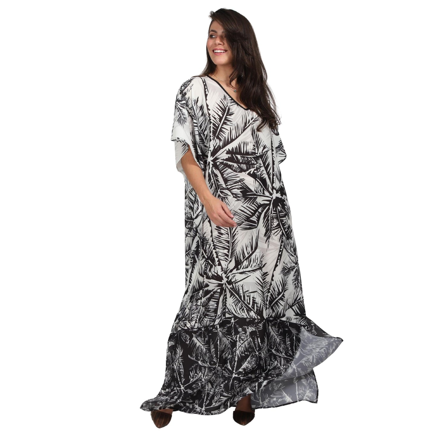 Kaftan vestido longa estampada Coqueiros preto e branco