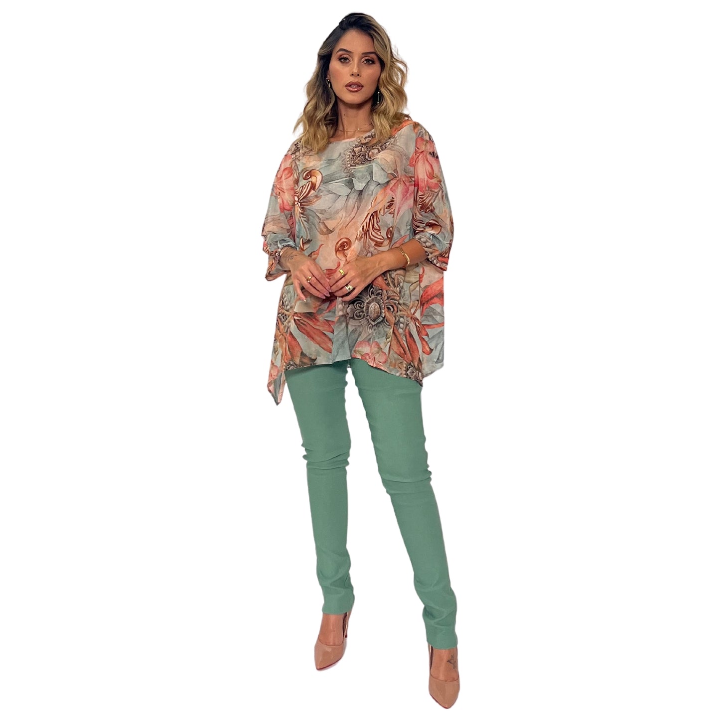 Blusa manga morcego estampada Trancoso