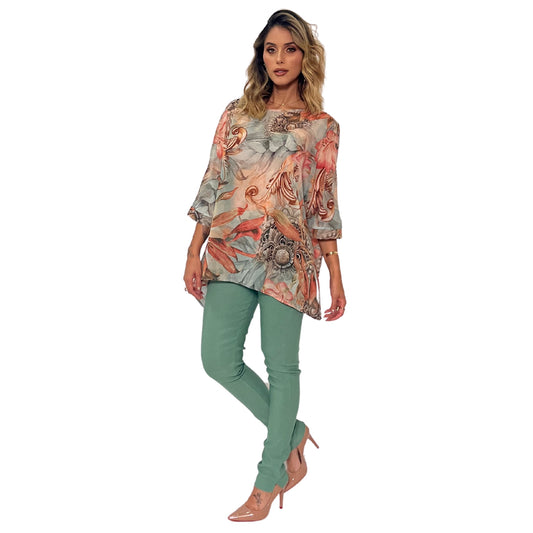 Blusa manga morcego estampada Trancoso