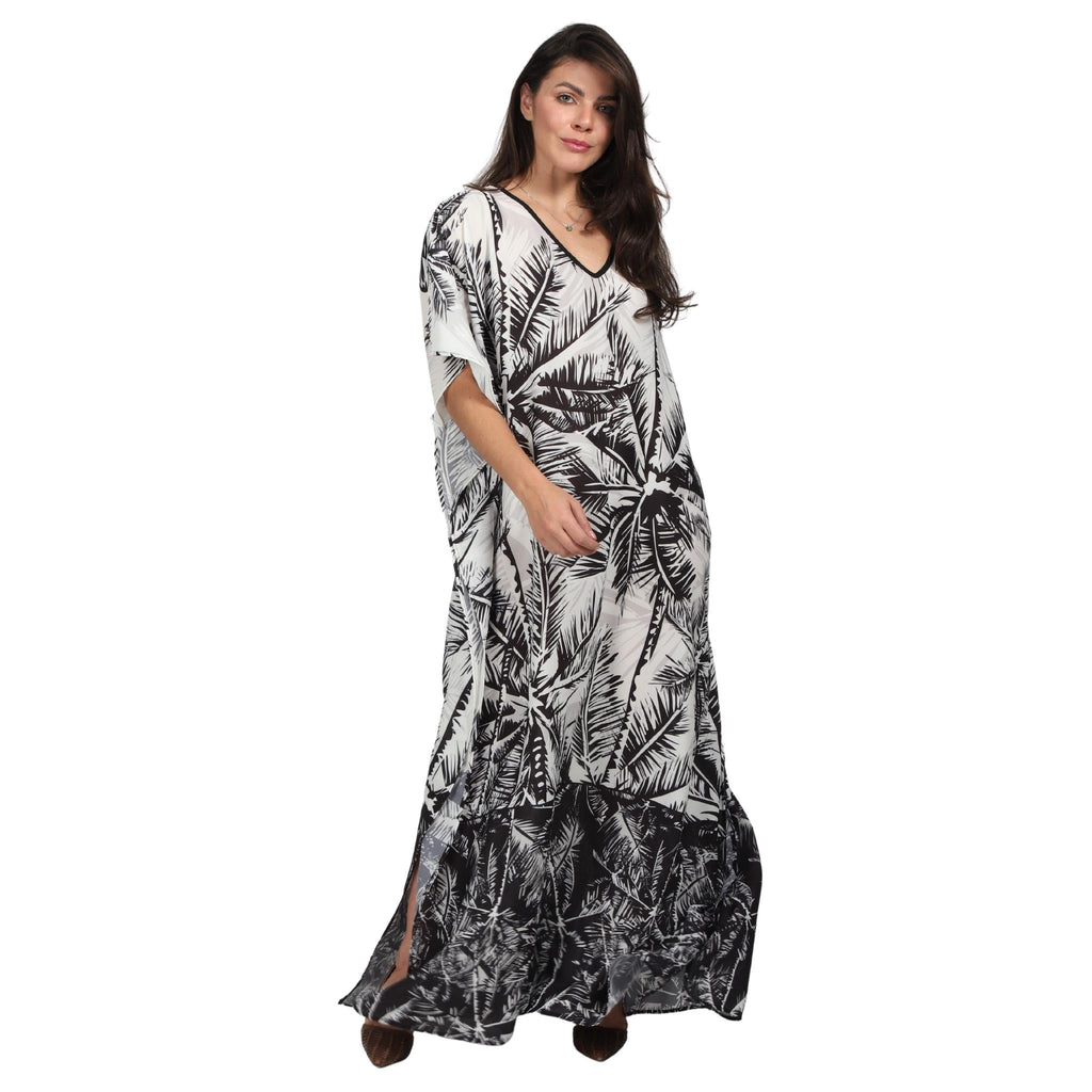 Kaftan vestido longa estampada Coqueiros preto e branco
