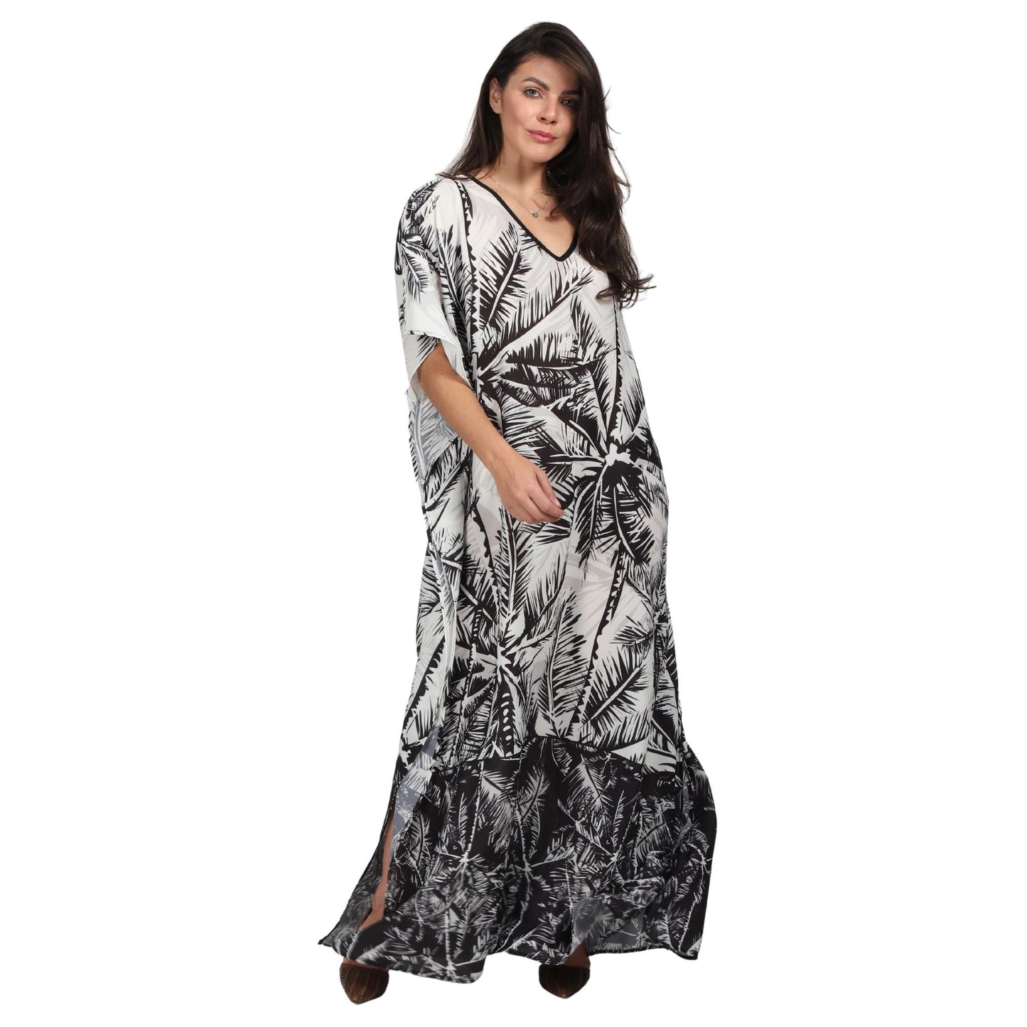 Kaftan vestido longa estampada Coqueiros preto e branco