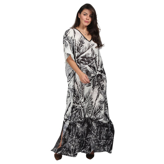 Kaftan vestido longa estampada Coqueiros preto e branco