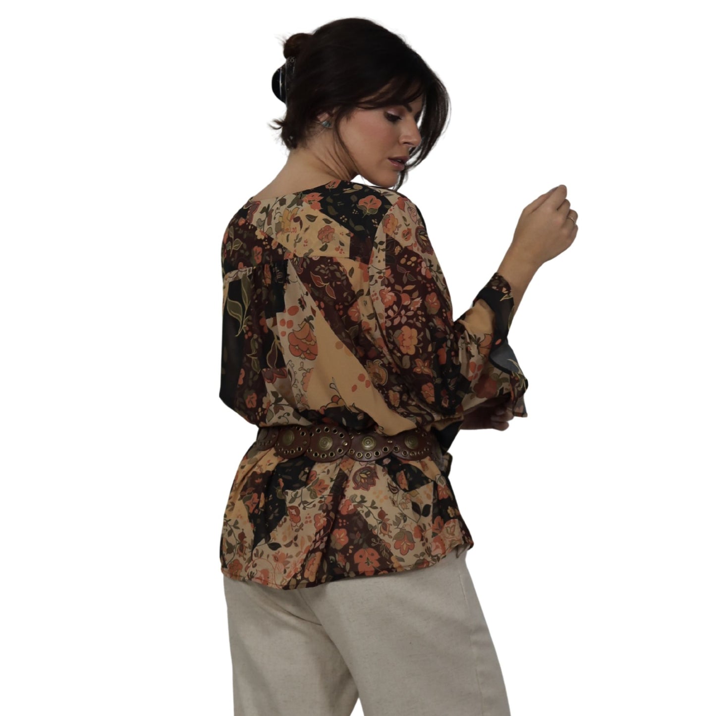 Blusa manga longa babados BIXUGRILLO estampada Patchwork