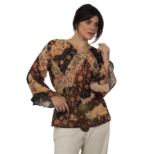 Blusa manga longa babados BIXUGRILLO estampada Patchwork