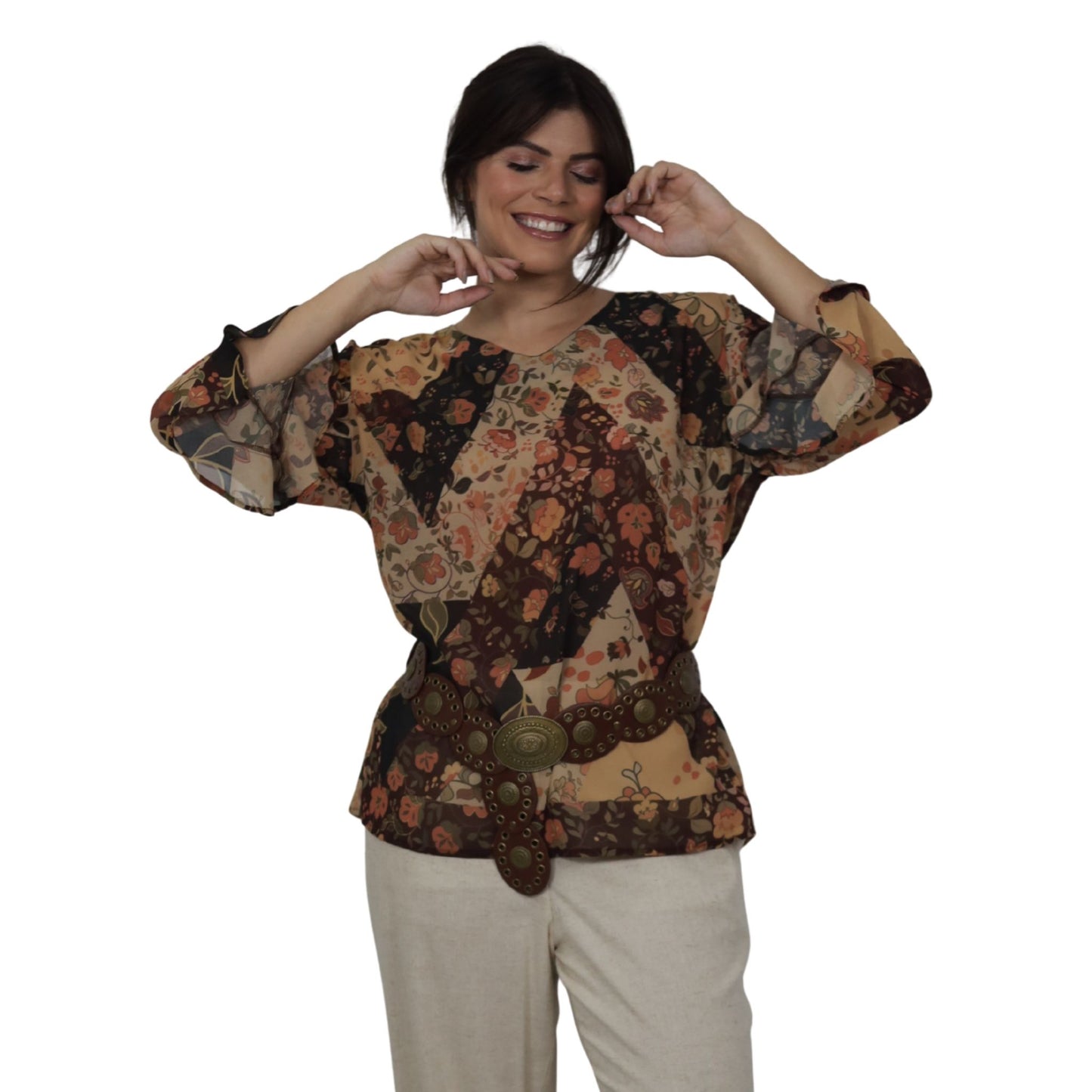 Blusa manga longa babados BIXUGRILLO estampada Patchwork