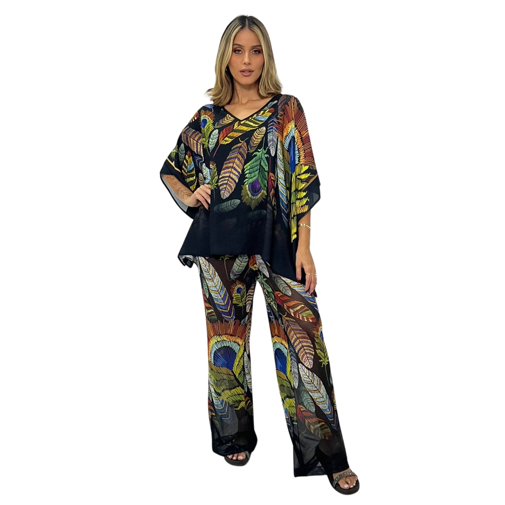 Conjunto Blusa Kaftan e Pantalona BIXUGRILLO estampada Penas Black