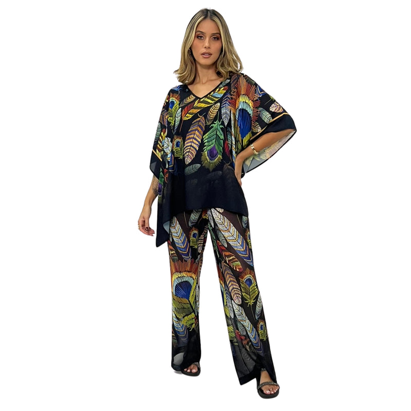 Blusa Kaftan BIXUGRILLO estampada Penas Black