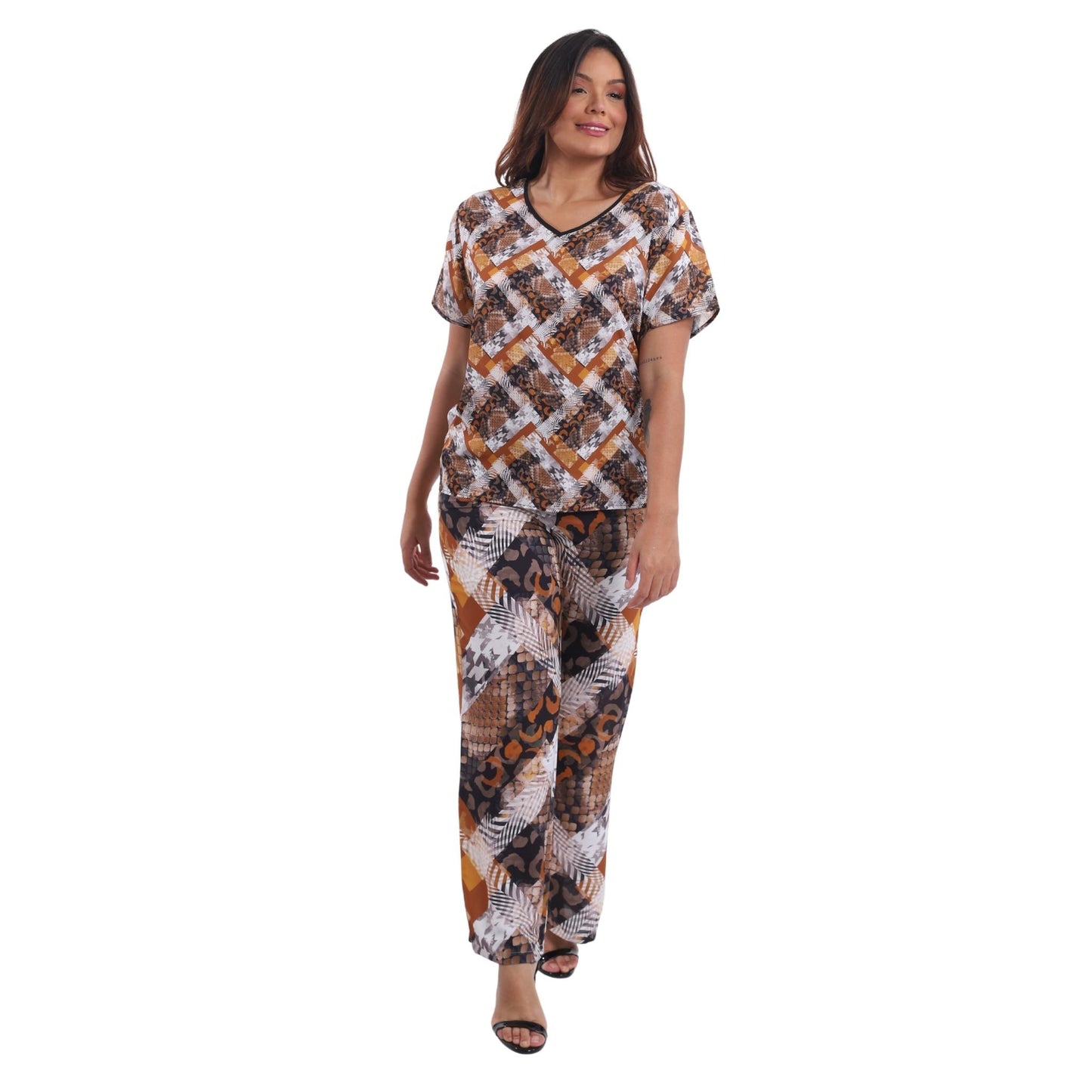 Blusa decote "V" manga curta Xadrez marrom