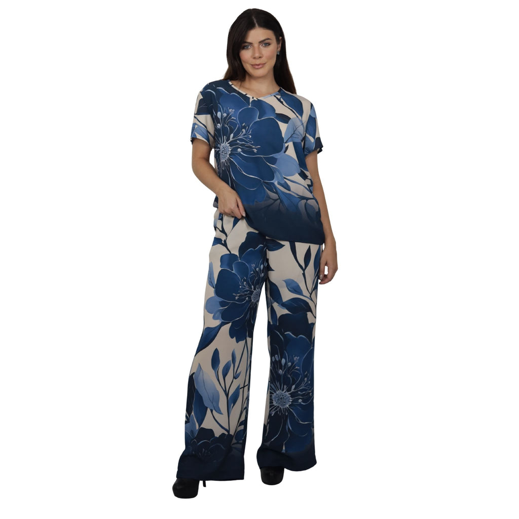 Conjunto Blusa e Pantalona BIXUGRILLO estampada Folhas Azuis