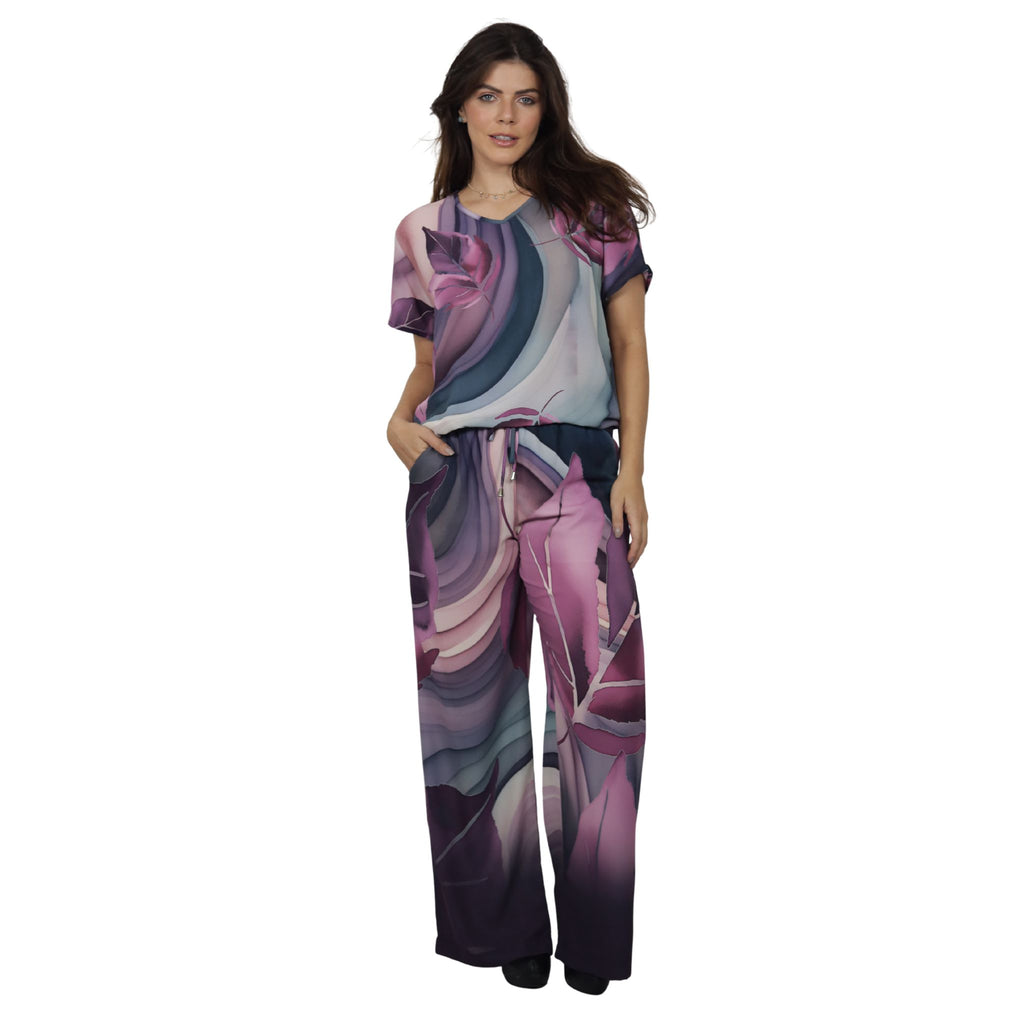 Conjunto Blusa e Pantalona BIXUGRILLO estampada Folhas Vinho