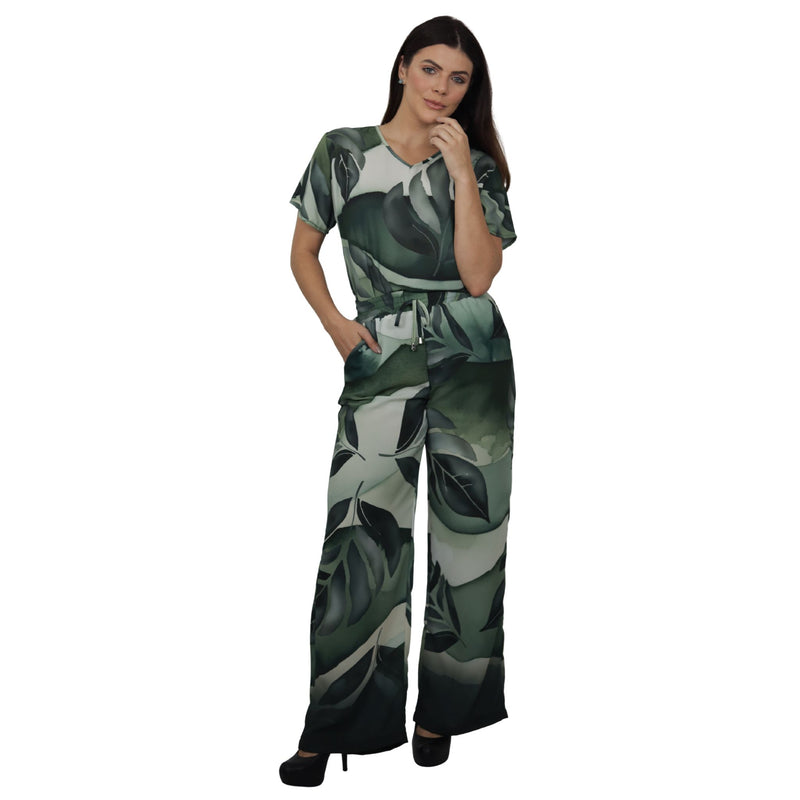 Conjunto Blusa e Pantalona BIXUGRILLO estampada Folhas verdes