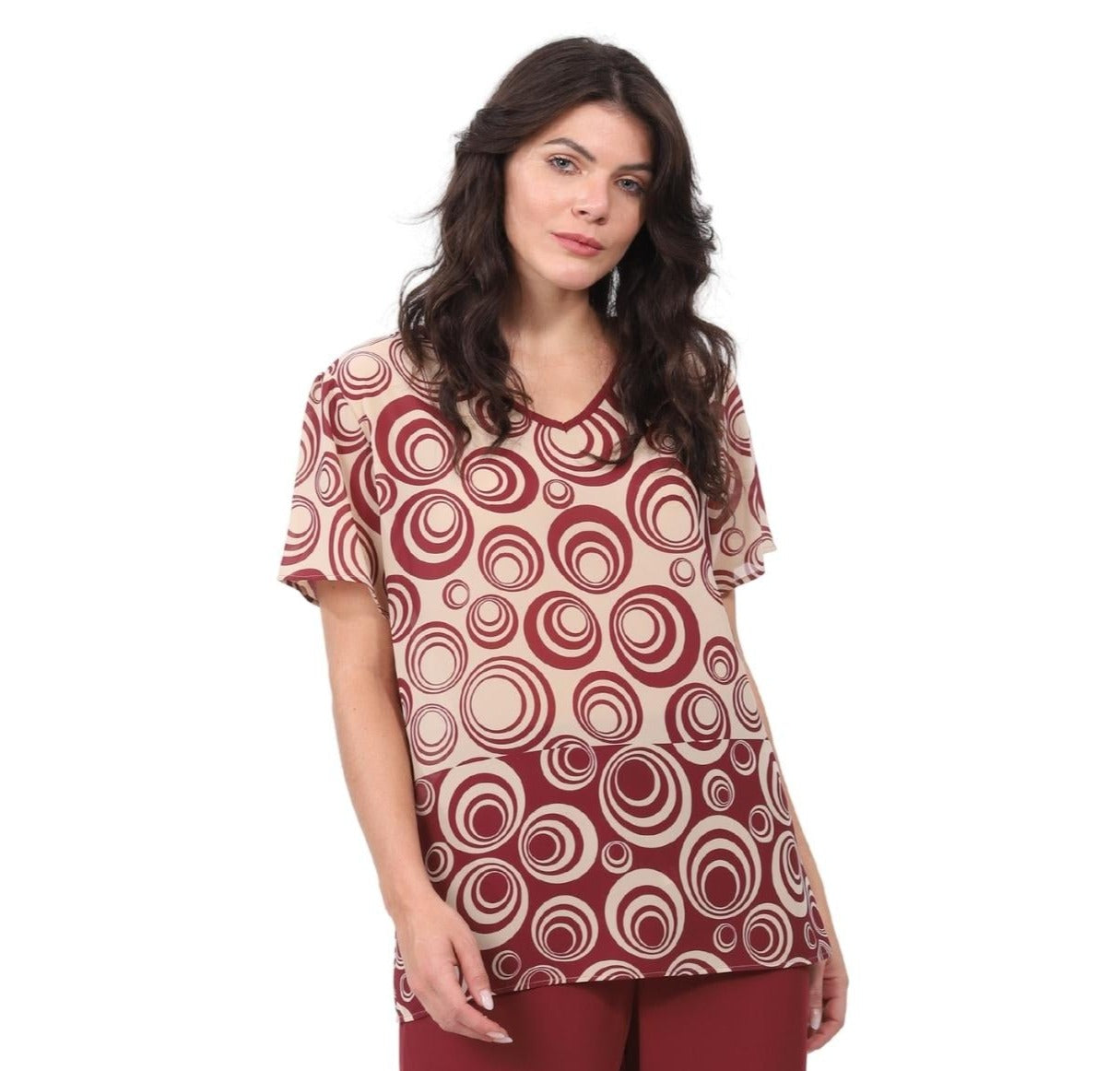 Blusa decote "V" manga curta Argolas vinho