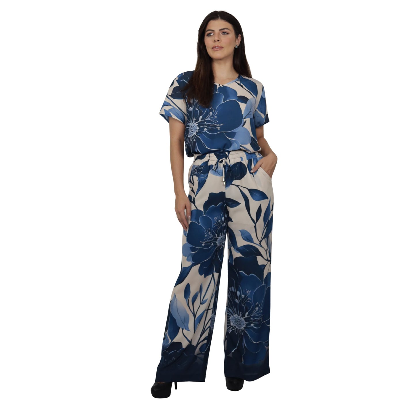 Conjunto Blusa e Pantalona BIXUGRILLO estampada Folhas Azuis