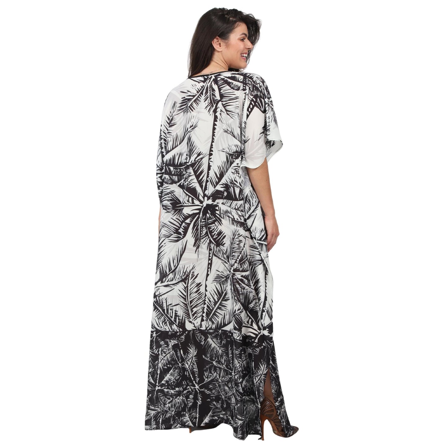 Kaftan vestido longa estampada Coqueiros preto e branco