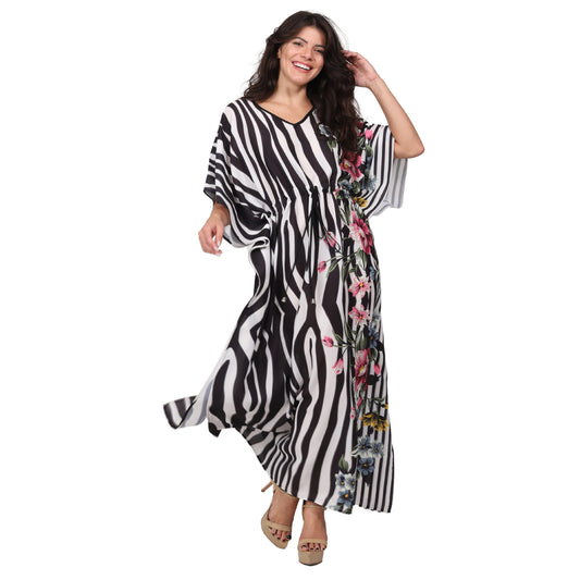 Kaftan Longa com cintura ajustável Zebra Floral