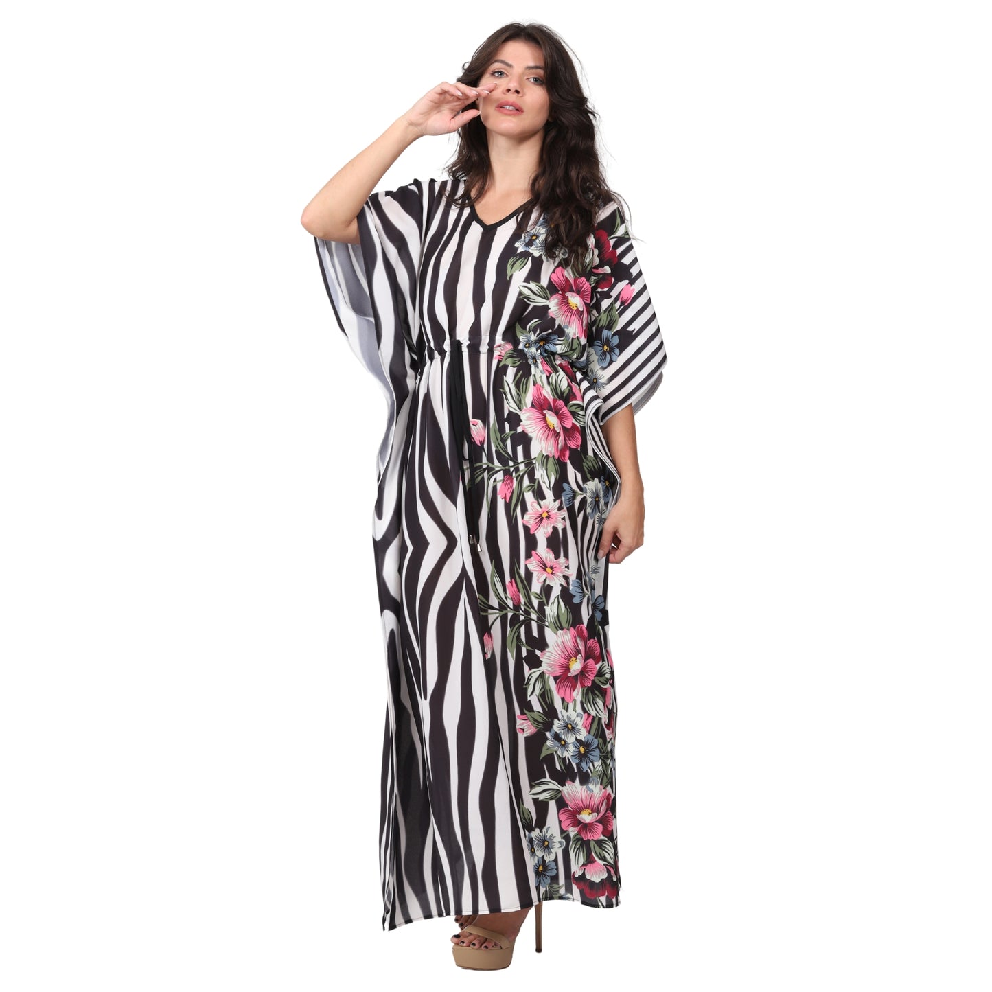 Kaftan Longa com cintura ajustável Zebra Floral