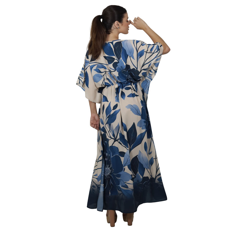 Kaftan Longa com ajunte na cintura, estampada Bixugrillo Folhas Azuis