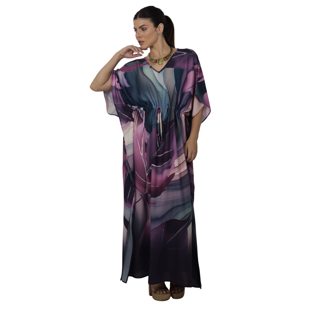 Kaftan Longa com ajunte na cintura, estampada Bixugrillo Folhas Vinho
