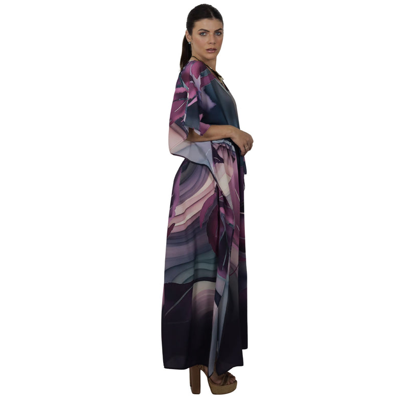 Kaftan Longa com ajunte na cintura, estampada Bixugrillo Folhas Vinho