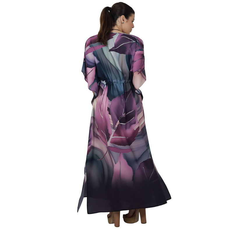 Kaftan Longa com ajunte na cintura, estampada Bixugrillo Folhas Vinho