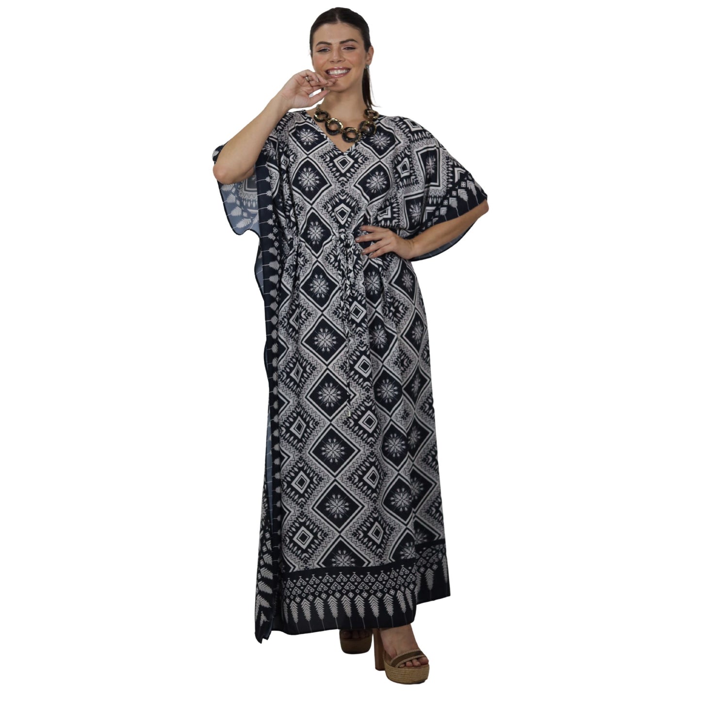 Kaftan Longa com ajunte na cintura, estampada Bixugrillo quadriculado