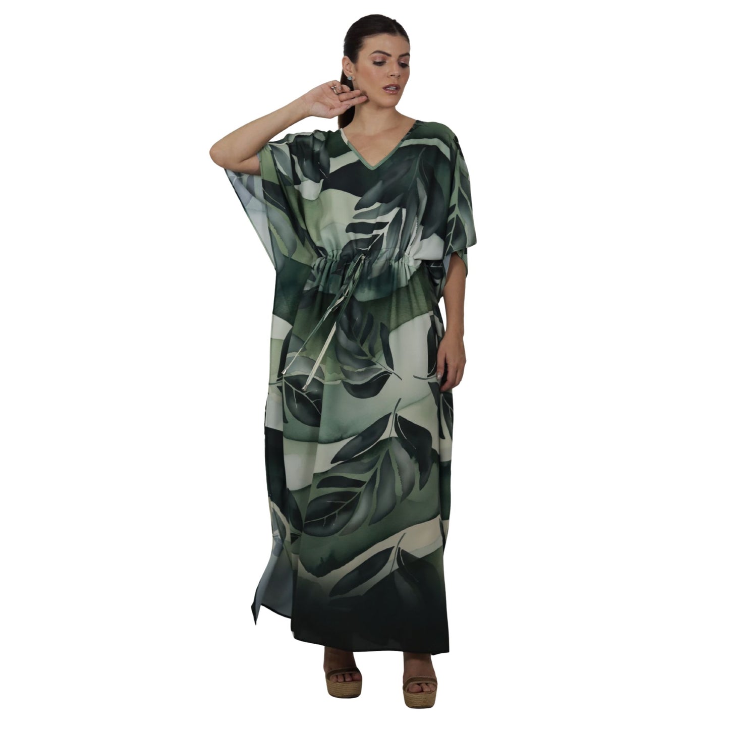Kaftan Longa com ajunte na cintura, estampada Bixugrillo Folhas Verdes