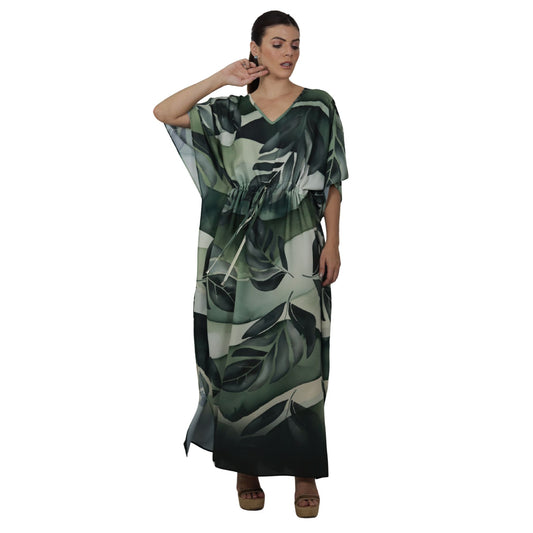Kaftan Longa com ajunte na cintura, estampada Bixugrillo Folhas Verdes