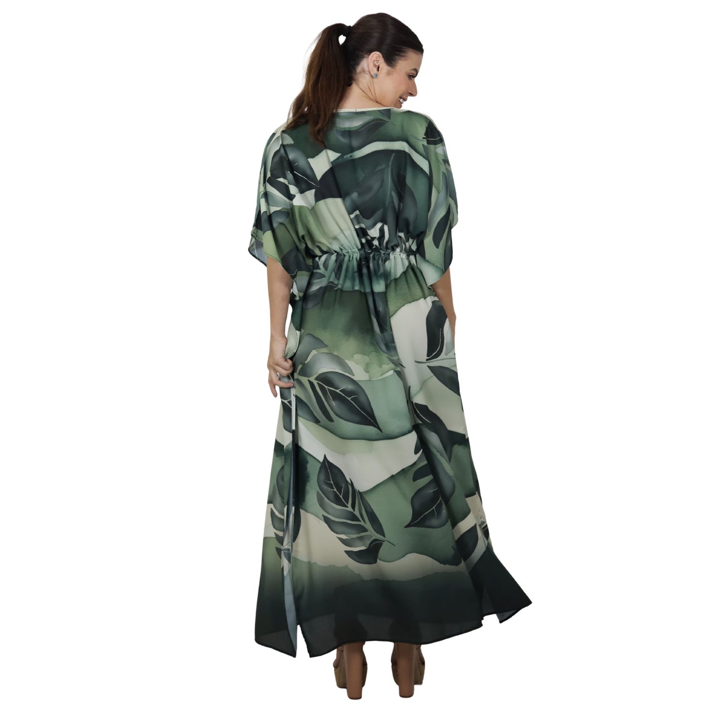 Kaftan Longa com ajunte na cintura, estampada Bixugrillo Folhas Verdes