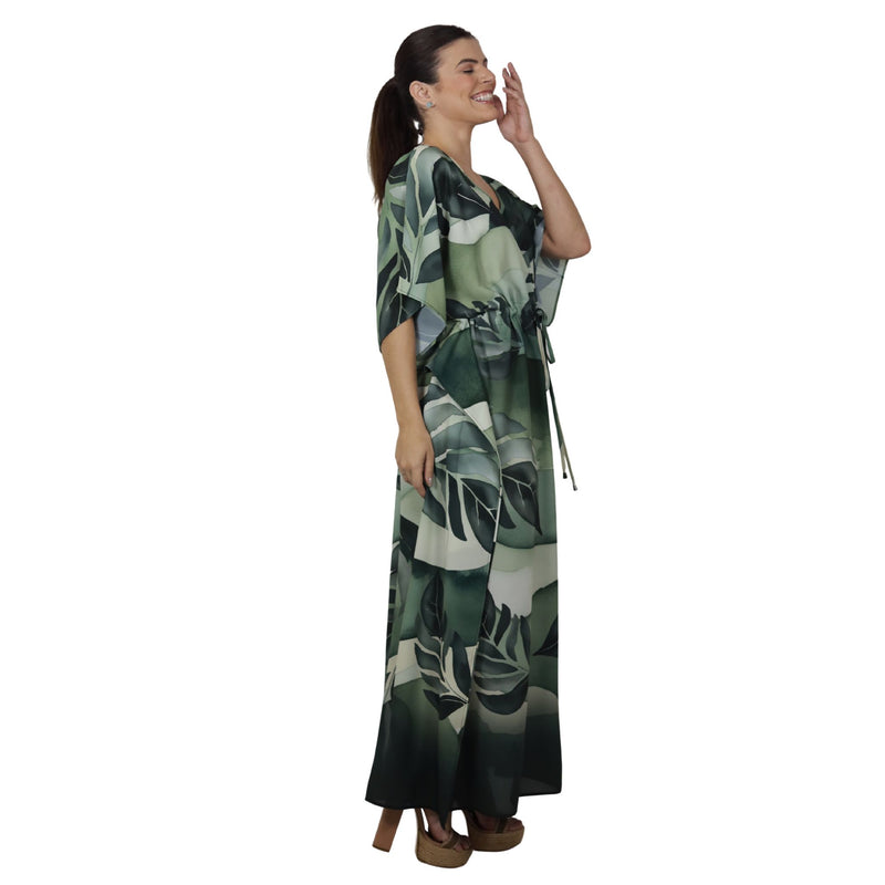 Kaftan Longa com ajunte na cintura, estampada Bixugrillo Folhas Verdes