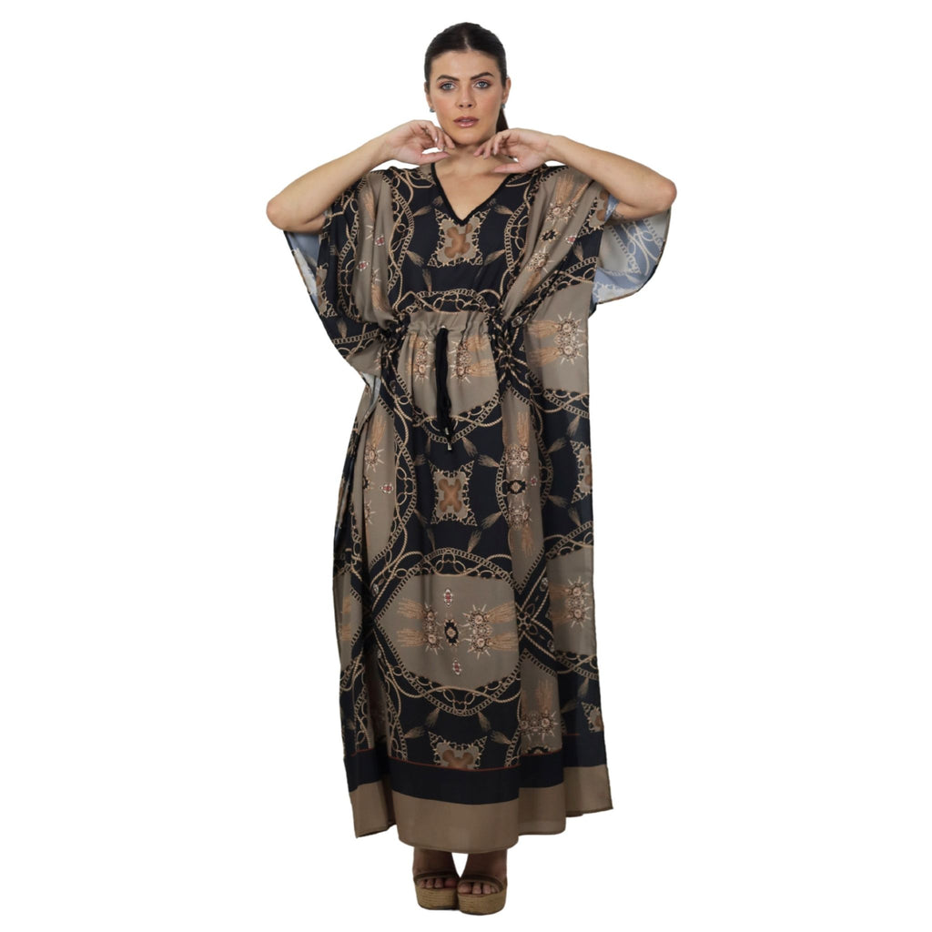 Kaftan Longa com ajunte na cintura, estampada Bixugrillo Correntes Marron