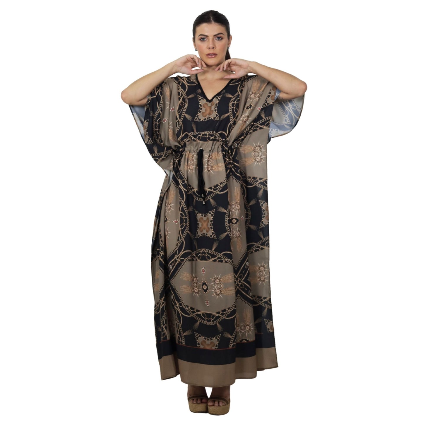 Kaftan Longa com ajunte na cintura, estampada Bixugrillo Correntes Marron