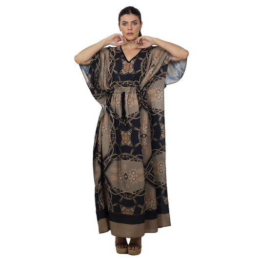 Kaftan Longa com ajunte na cintura, estampada Bixugrillo Correntes Marron