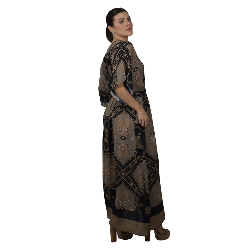 Kaftan Longa com ajunte na cintura, estampada Bixugrillo Correntes Marron