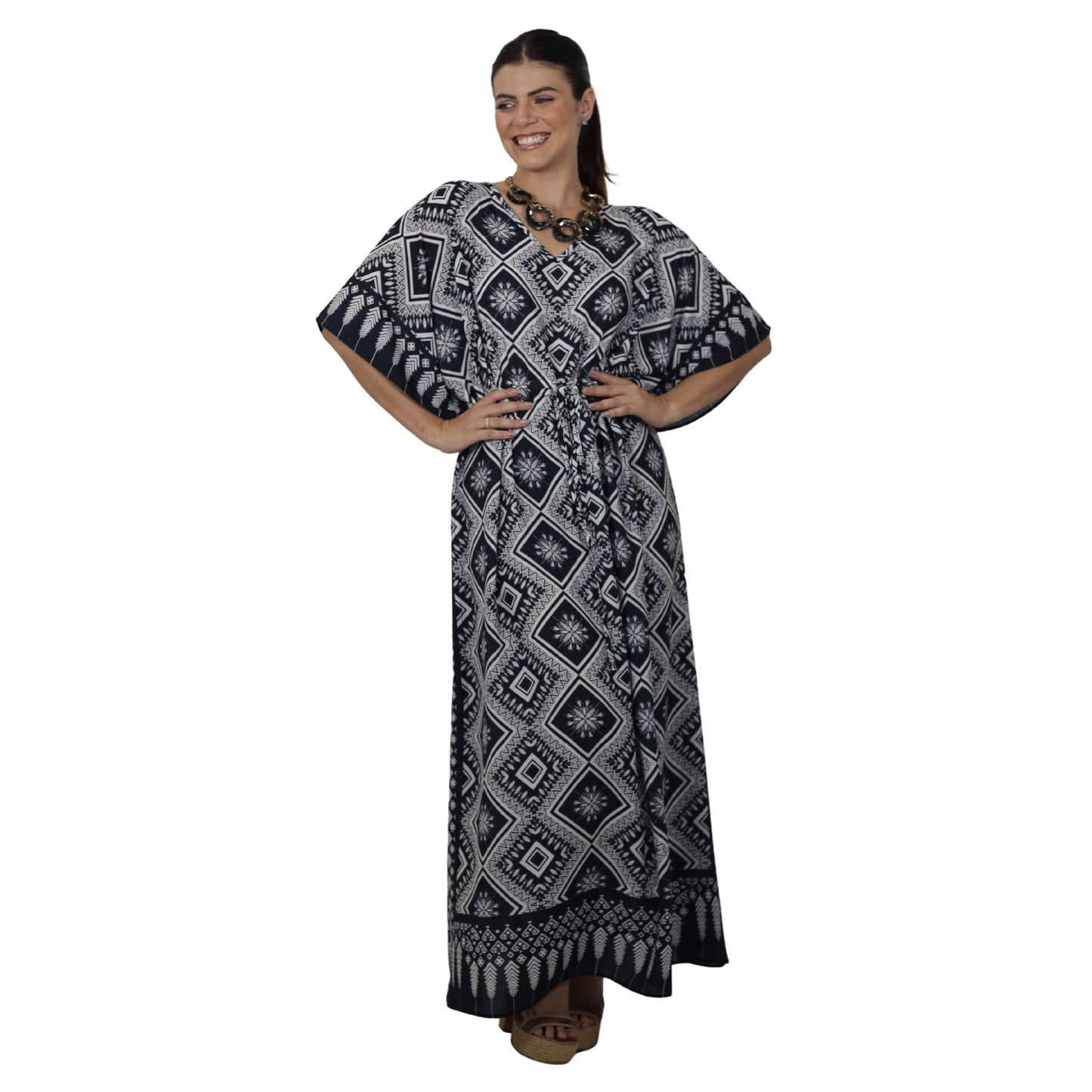 Kaftan Longa com ajunte na cintura, estampada Bixugrillo quadriculado