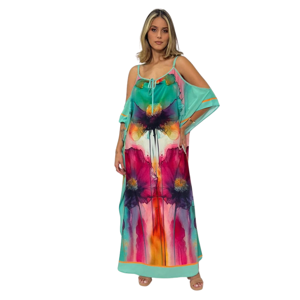 KAFTAN VESTIDO Longo de alça, ombro aberto Bixugrillo estampa Aquarela duo