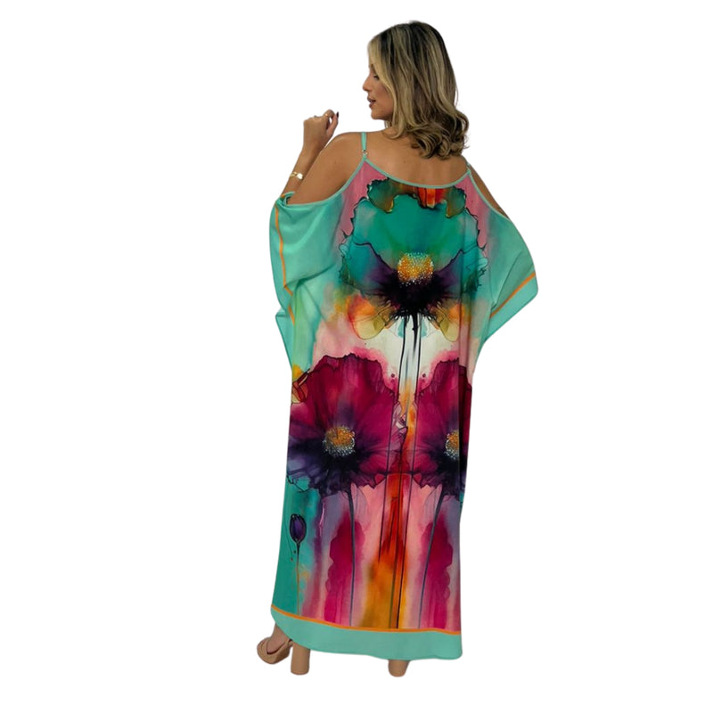 KAFTAN VESTIDO Longo de alça, ombro aberto Bixugrillo estampa Aquarela duo